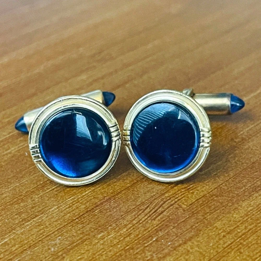 Vintage Blue Glass Cufflinks Gold Tone Round Mens Formal Jewelry